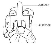 Hold the KLOXXADO nasal spray with your thumb on the bottom of the plunger and your first and middle fingers on either side of the nozzle.image