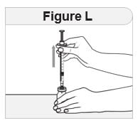 While holding the vial with 1 hand and the barrel of the syringe between the fingertips of your other hand, pull the needle straight out of the vial (figure L).image