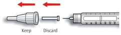 Take off the outer needle cap and keep it to remove the used needle after injection. Take off the inner needle cap and discard it.image