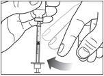 Before you take the needle out of the vial, check the syringe for air bubbles. If bubbles are in the syringe, hold the syringe straight up and tap the side of the syringe until the bubbles float to the top. Push the bubbles out with the plunger and draw insulin back in until you have the correct dose.image