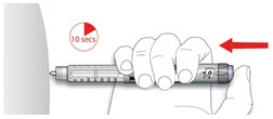 Deliver the dose by pressing the injection button in all the way. The number in the dose window will return to "0" as you inject.image
