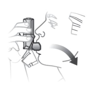 Form a good seal with your lips around the mouth piece and inhale once. Remove inhaler and hold you breath for 5 to 10 seconds before slowly breathing out.