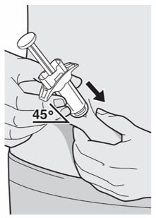 Insert the needle completely into the fold of the skin at about a 45° angle.