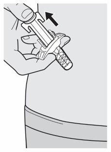 Lift your thumb to release the plunger rod until the needle is covered by the needle shield and then remove the syringe from the injection site.