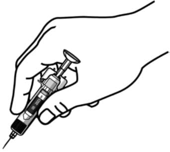 Hold the body of the prefilled syringe in one hand between the thumb and index fingers. image