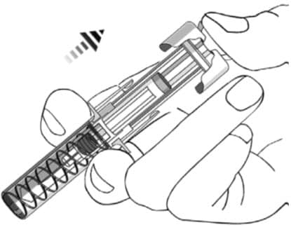 When the plunger is pushed as far as it will go, keep pressure on the plunger head. Take the needle out of the skin and let go of the skin. Slowly take your thumb off the plunger head. This will let the empty syringe move up until the entire needle is covered by the needle guard. image