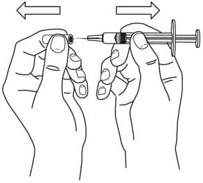 Step 4: Prepare the needle  Pick up the syringe with the needle attached. Remove the cap that covers the needle. Throw the needle cap away. Do not touch the needle or allow the needle to touch anything. image