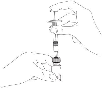 Carefully pull back on the plunger to the line that matches the dose prescribed by your doctor. Hold the vial between your thumb and index (pointer) finger. Use your other hand to push the syringe needle through the center of the rubber stopper. image