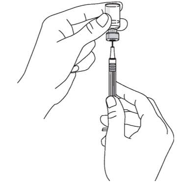 Push down on the plunger until all of the air has gone from the syringe into the vial. Turn the vial and the syringe upside down. Hold the Stelara vial with one hand. It is important that the needle is always in the liquid in order to prevent air bubbles forming in the syringe. Pull back on the syringe plunger with your other hand. Fill the syringe until the black tip of the plunger lines up with the mark that matches your prescribed dose. image