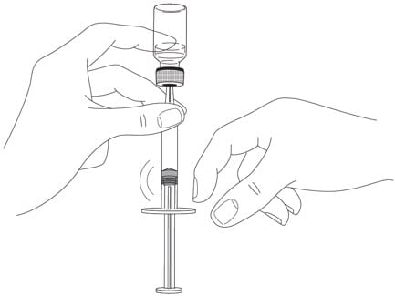 Do not remove the needle from the vial. Hold the syringe with the needle pointing up to see if it has any air bubbles inside. If there are air bubbles, gently tap the side of the syringe until the air bubbles rise to the top. Slowly press the plunger up until all of the air bubbles are out of the syringe (but none of the liquid is out). Remove the syringe from the vial. Do not lay the syringe down or allow the needle to touch anything. image