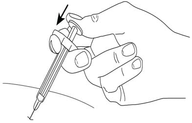 Push the plunger with your thumb as far as it will go to inject all of the liquid. Push it slowly and evenly, keeping the skin gently pinched. When the syringe is empty, pull the needle out of your skin and let go of the skin. image