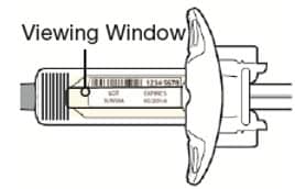 Look at the medicine through the viewing window and check to see if the liquid is clear and colorless to pale yellow. 