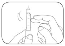 Hold your pen with the needle pointing up and tap the cartridge holder gently to collect air bubbles at the top.