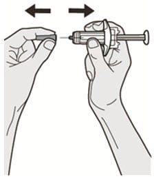 Hold the Dupixent syringe in the middle of the syringe body with the needle pointing away from you and pull off the needle cap.
