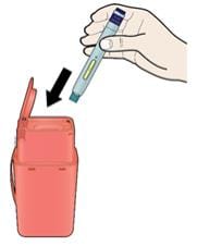 Discard autoinjector and white cap in a sharps disposal container image