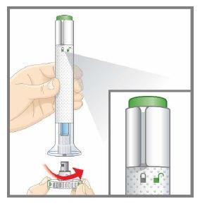 Make sure the lock ring is in the lock position. Leave the base cap on until you are ready to inject. Do not touch the needle. Twist off the base cap in the direction of the arrows. Throw the base cap in the trash. You will not need to put the base cap back on. If you do, you could damage the needle or stick yourself by accident.image