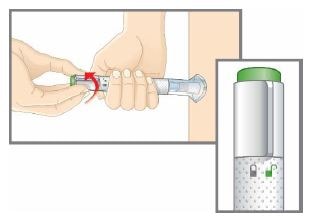 While holding the clear base against your skin, turn the lock ring to the unlock position. You are now ready to inject.image