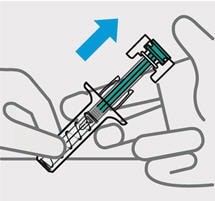 Release pressure from plunger The safety guard will cover the needle and lock into place, removing the needle from your skin.image