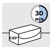 Inspect carton Remove your One-Press injector carton from the refrigerator. Keep your One-Press injector in the carton and let it sit on a flat surface at room temperature for at least 30 minutes before use. Do not warm your One-Press injector any other way. Check the expiration date ('EXP') on the carton. Do not use your One-Press injector if the expiration date has passed. Do not inject Tremfya if the perforations on the carton are broken. Call your healthcare provider or pharmacist for a new One-Press injector.image