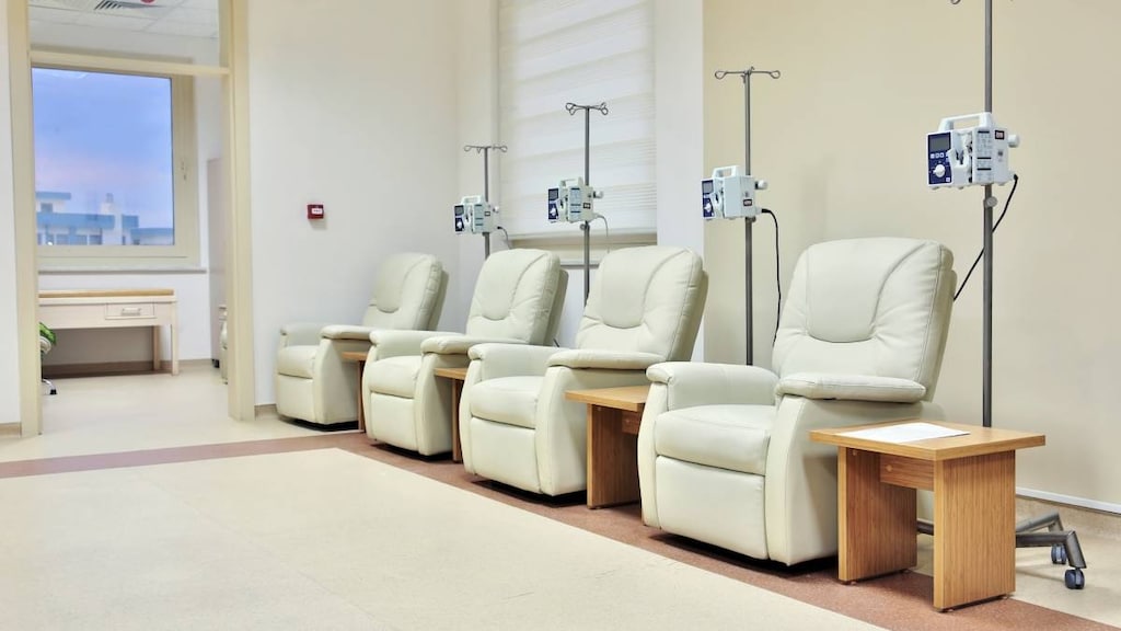 Row of chemotherapy chairs.