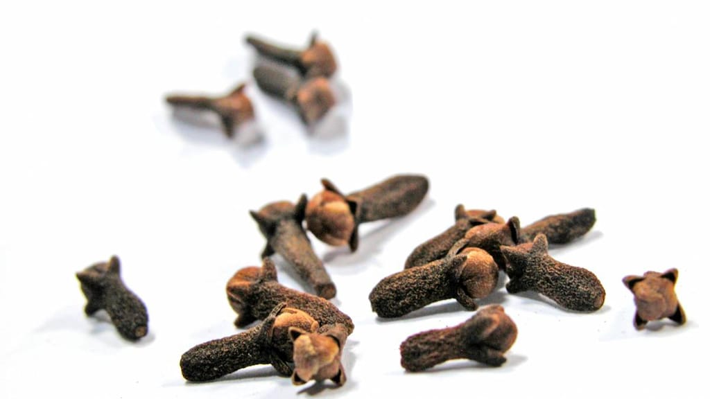 Cloves scattered on a white background.