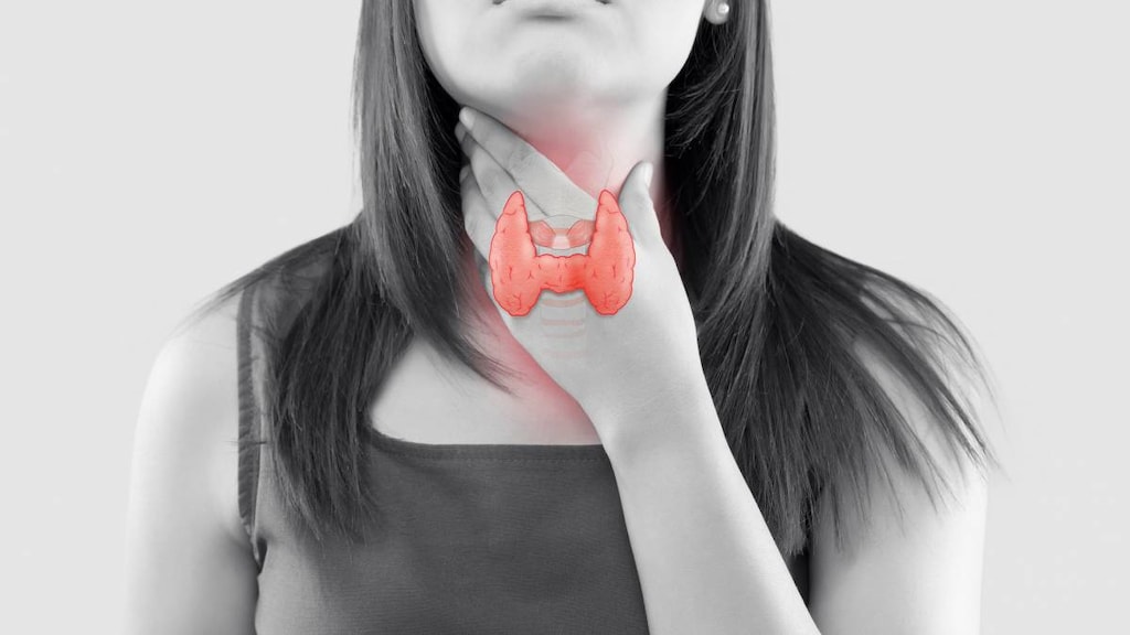 Woman and illustration of thyroid gland in neck