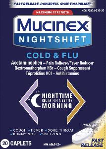 Image 1 - Imprint VVV Logo (crescent moon) - Mucinex Nightshift Cold & Flu acetaminophen 325 mg / dextromethorphan hydrobromide 10 mg / triprolidine hydrochloride 1.25 mg