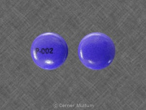 Image 1 - Imprint P-002 - Urelle hyoscyamine sulfate 0.12 mg / methenamine 81 mg / methylene blue 10.8 mg / phenyl salicylate 32.4 mg / sodium phosphate monobasic 40.8 mg